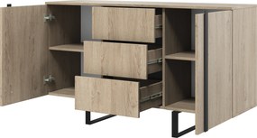 Komoda Verica 150 cm dwudrzwiowa z szufladami - dąb biszkoptowy / czarne nóżki