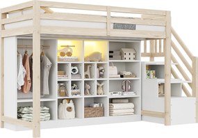 Łóżko na antresoli 90x200 cm - z przegródkami do przechowywania - z szafą - z oświetleniem LED - z drabiną bezpieczeństwa - naturalny