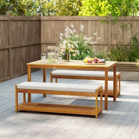 Outsunny Zestaw mebli ogrodowych 3 elem., Siedzisko z 1 stołem z otworem na parasol i 2 ławkami 150 x 85 x 75 cm Teak