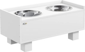 PawHut Podwyższona Stacja Karmienia dla Psów, z Wyjmowaną Matą Antypołykania, 2 Miski Aluminiowe, Schowek, Biały