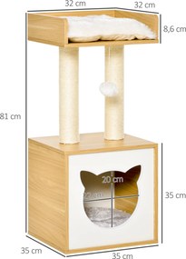 PawHut Cat House Zabawka Pet Ball Zdejmowany Aksamitny Poliester Sizal Dąb 35x35x81cm | Aosom PL