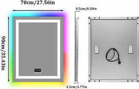 Lustro łazienkowe 90x70cm RGB i LED regulowane + przeciwmgielne + Bluetooth 5.2 + Zegar + 3 kolory 4 przyciski