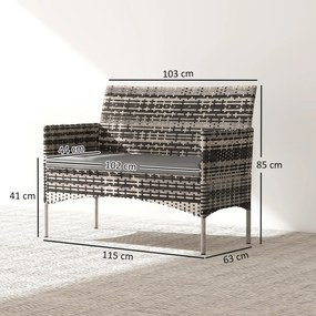 Outsunny 2-osobowa sofa rattanowa na taras z poduszką, antypoślizgowe maty, stalowa rama, jasnoszara | Aosom PL