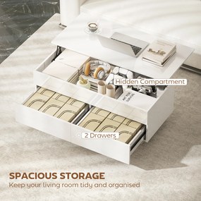 HOMCOM Stolik kawowy regulowany, nowoczesny stolik do salonu z ukrytym schowkiem i 2 szufladami, biały wysoki połysk | Aosom PL