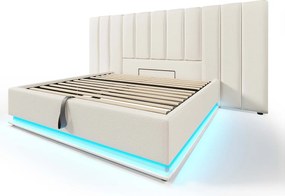 Łóżko ze schowkiem 180 x 200 cm z dużym zagłówkiem - Lampka do czytania i gniazda USB + Type-C - Diody LED - Skóra PU - Biały (bez materaca)