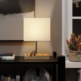HOMCOM Lampka nocna, złącza USB, drewno, tkanina, przełącznik kołyskowy, przegródki, biały