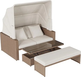 Modułowy Salon Ogrodowy 2-4 Osoby z Wsuwanym Daszkiem - Kanapa rozkładana na leżankę - Regulowany Stolik Kawowy - Pleciona Żywica - Khaki