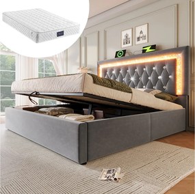 Łóżko tapicerowane dwuosobowe ze schowkiem - 160 x 200 cm - zagłówek z diodami LED + USB i Type-C - hydrauliczny schowek - welur - szary (z materacem)