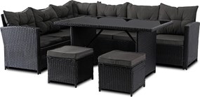 Zestaw mebli ogrodowych Dallas - narożnik, pufy i stół obiadowy, czarny/ciemnoszary