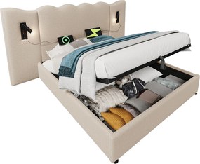 Łóżko do przechowywania 180x200cm z lnu - z lampką do czytania i funkcją ładowania - z stelażem na listwy - Beżowe