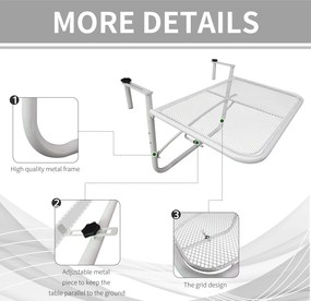 Outsunny Stół Wiszący Balkonowy Kwadratowy Regulowana Wysokość Metalowy Biały 60x565x45cm | Aosom PL