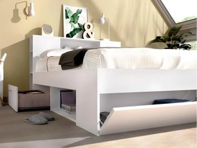 Łóżko ze schowkiem i szufladami - 140 x 190 cm - Kolor: biały + Stelaż - LEANDRE
