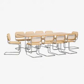 Zestaw Stołu Prostokątnego 240x100 Cm Z Mdf I Stali Nierdzewnej Oraz 10 Krzeseł Jadalnianych Z Rattanu Tento Fornir Jesionowy - Sklum