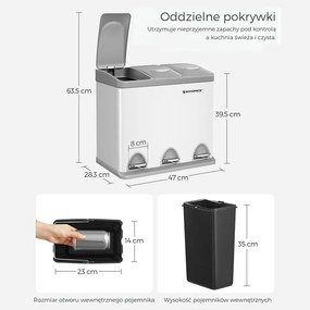 Kosz do segregacji odpadów SORT, 24l (3x8l), szara/biała SongmicsHome