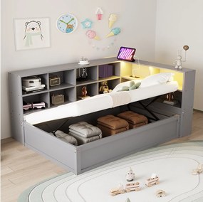 Łóżko z pojemnikiem 90x200 cm – z oświetleniem LED i otwartą przestrzenią – szare