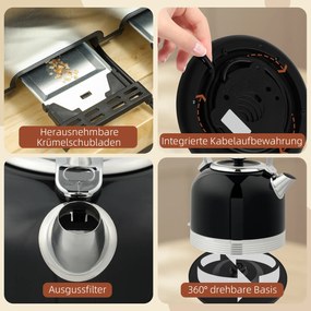 HOMCOM Zestaw czajnika i tostera, 7 poziomów opiekania, 1,7 L, plastik, stal nierdzewna, czarny