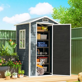 Outsunny Domek ogrodowy 1,1 m² z wyglądem drewna, okno, dwuspadowy dach, wentylacja, podłoga, zamek, rękawice, szary | Aosom PL