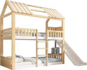 Łóżko piętrowe 90x200 cm - z drabiną i zjeżdżalnią - z półkami i barierkami - Biały + Naturalny​ (bez materaca)
