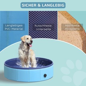 PawHut Basen dla psów Niebieski brodzik kąpielowy Ø80x20cm Plastik i drewno | Aosom PL