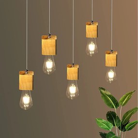 NETTLIFE Lampa wisząca 5 płomieni E27 Vintage drewno średnica 60cm do jadalni, kuchni, salonu, bez żarówki