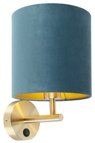 Kinkiet / Lampa scienna vintage złoty z włącznikiem klosz welurowy niebieski - Matt Nowoczesny Oswietlenie wewnetrzne