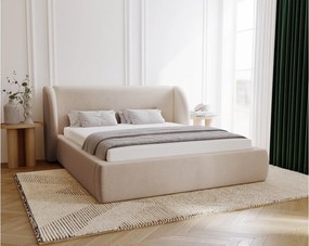 Emporius Barcelona łóżko z zaokrąglonym zagłówkiem - łóżko tapicerowane 140x200, pojemnik i stelaż - nowoczesny styl, tkanina aksamitna, beżowy (Komodo 11)