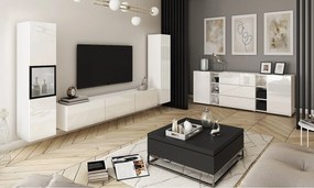 Nowoczesna meblościanka z oświetleniem LED, zestaw wisząco-stojący 3-elementowy z szafką RTV 180 cm, witryną i słupkiem, korpus biały mat, fronty biały połysk