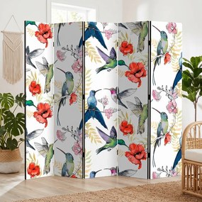 Parawan pokojowy 5-częściowy 225x172 Dwustronny dekoracyjny botaniczny tropikalny Wielokolorowy Kolibry I Maki