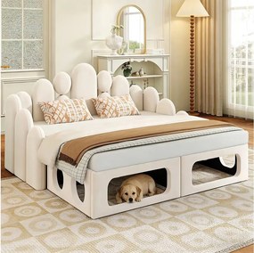 Tapczan 2 w 1 - 180 x 200 cm - z miejscem dla zwierząt + oparciem - aksamit - beżowy