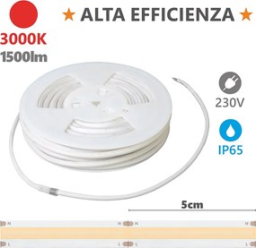 Alcapower Taśma LED 230V Seria HEM IP65 20m 3000K 15W/m 1500lm/m Ciepła Biel Rozproszone Światło Wysoka Wydajność 260 LED/m 230V AC