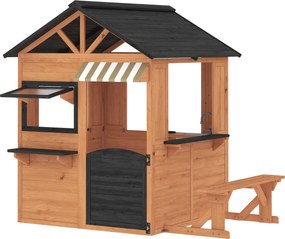 AIYAPLAY Drewniany domek dla dzieci z kuchnią, ławką, okienkami i drzwiami dla dzieci w wieku 3-8 lat, 171,5 x 146 x 156 cm, brązowy | Aosom PL