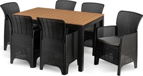 Zestaw Mebli Ogrodowych Stół ARGOS 140-180 cm Dąb/Czarny i 6x Fotel FRESNO Czarny Technorattan Nowoczesny