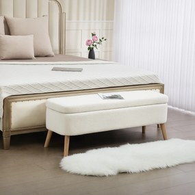 HOMCOM Pufa do przechowywania, siedzisko z 65 L przestrzeni, podnóżek, materiał polarowy, drewno kauczukowe, pianka, 120 x 42 x 45 cm, Kremowy