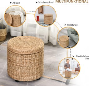 HOMCOM Stylowy Stołek ze Schowkiem - Pufa z Rattanu, Khaki Kolor - Ozdoba i Funkcjonalność