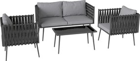 Outsunny Zestaw mebli ogrodowych dla 4 osób, odporny na warunki atmosferyczne, zestaw balkonowy z sofą dwuosobową, fotelami, stolikiem i poduszkami, Jasnoszary