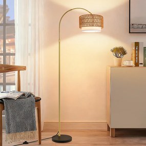 Lampa podłogowa Nettlife Boho Rattan – ściemnialna lampa łukowa z pilotem, dioda LED E27, styl vintage, wysokość 165–180 cm, obrót 350°, kolor złoty