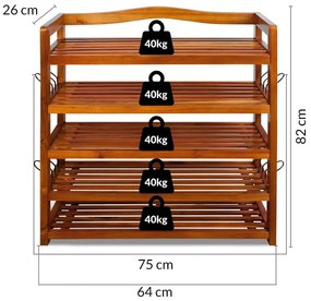 Casaria Regał na buty RUSTIC, 5 półek, 75x26x82cm, naturalna brązowa