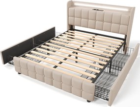Łóżko tapicerowane dla dorosłych 160 x 200 cm z 4 szufladami - USB + LED - tkanina lniana - beż + Materac