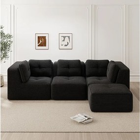 Canapé 3 places modulable, avec pouf et coussins, en velours côtelé, Noir, 297x177x69cm