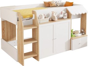Łóżko dziecięce 90x200 cm - 4 drzwi - Z drabinką - ​​Kolor naturalny + Biały​​ (materac nie jest dołączony)