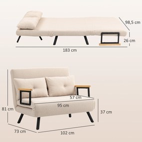 HOMCOM Sofa rozkładana 2-osobowa, sofa welurowa, funkcja spania, w zestawie 2 poduszki, wygląd weluru, Naturalny + Beżowy + Czarny | Aosom PL
