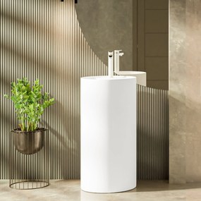 Umywalka z konglomeratu wolnostojąca okrągła biała matowa 87 x 44 cm KALMI WHITE MATT z otworem na baterię : Podłączenie syfonu - Do ściany