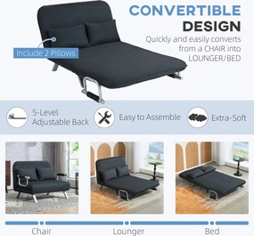 HOMCOM Sofa do spania z 5-stopniową regulacją, imitacja zamszu, stalowa rama, w zestawie poduszki, Czarny