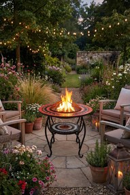 Nowoczesne czerwone palenisko ogrodowe z mozaiką F0-S87