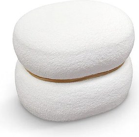 Owalna pufa z białej tkaniny z efektem wełny i drewnianym pierścieniem - BOSTON