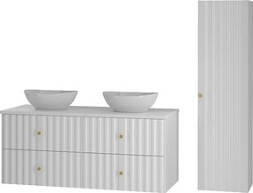 Biały Zestaw Łazienkowy 120cm Szafka z Blatem Umywalka Słupek Ryflowane Fronty Aqua