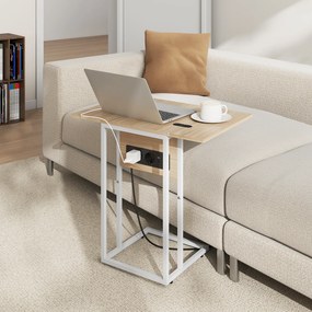 HOMCOM Składany stolik boczny, stacja ładująca z portami USB, metal, 39 x 29 x 57 cm, kolor drewna | Aosom PL