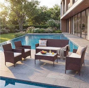 Zestaw z polirattanowego Hamar 3-2-1-1,  brązowy melanż, poduszki kremowe