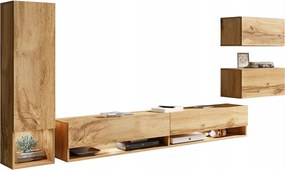 Nowoczesna meblościanka 4-elementowa – wiszący zestaw RTV 180 cm z słupkiem i szafkami, dąb wotan mat