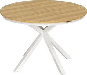 Outsunny Stół Ogrodowy Ø118cm, Wodoodporny Stół Balkonowy z Aluminium, Krzyżujące się nogi z projektem Lamel Teak